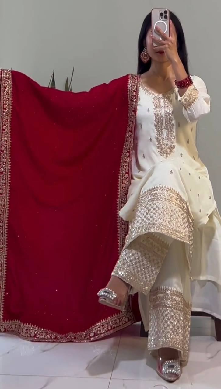Fully Stitched Festival Set in Chinnon Silk with Heavy Embroidery Sequence Work Top Bottom Dupatta - Jaipuri Vastra