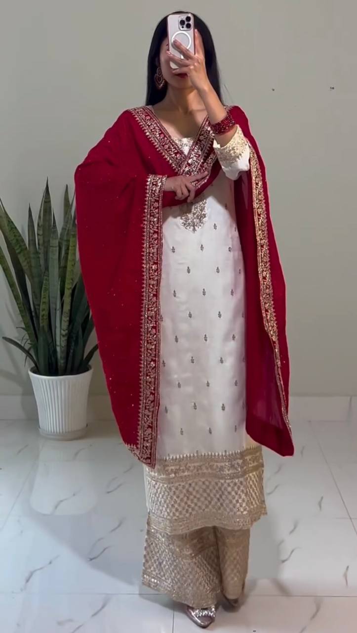 Fully Stitched Festival Set in Chinnon Silk with Heavy Embroidery Sequence Work Top Bottom Dupatta - Jaipuri Vastra