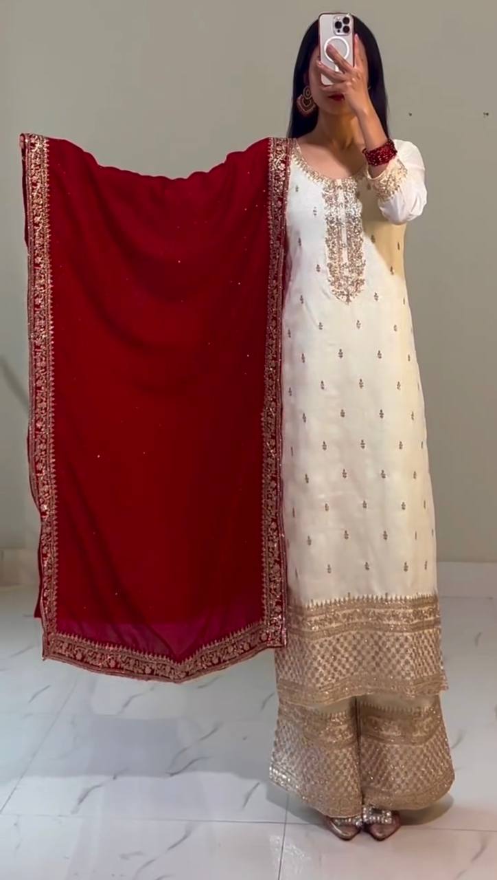 Fully Stitched Festival Set in Chinnon Silk with Heavy Embroidery Sequence Work Top Bottom Dupatta - Jaipuri Vastra