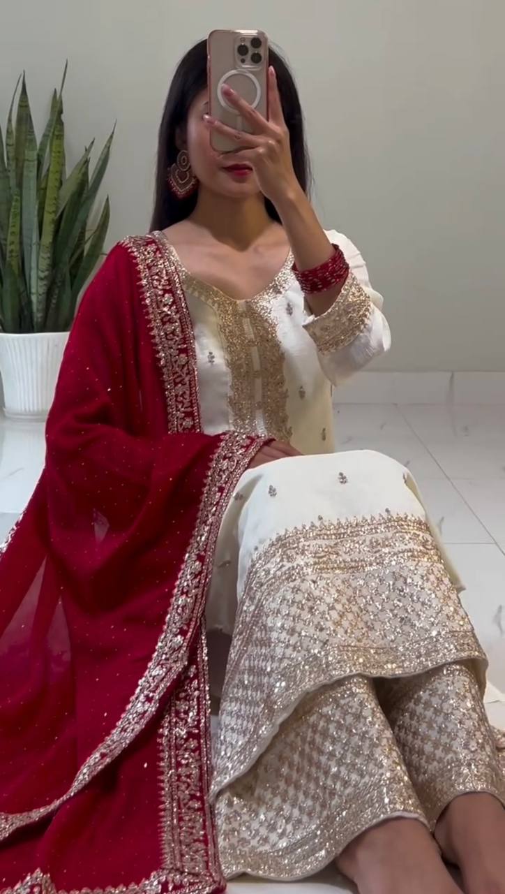 Fully Stitched Festival Set in Chinnon Silk with Heavy Embroidery Sequence Work Top Bottom Dupatta - Jaipuri Vastra