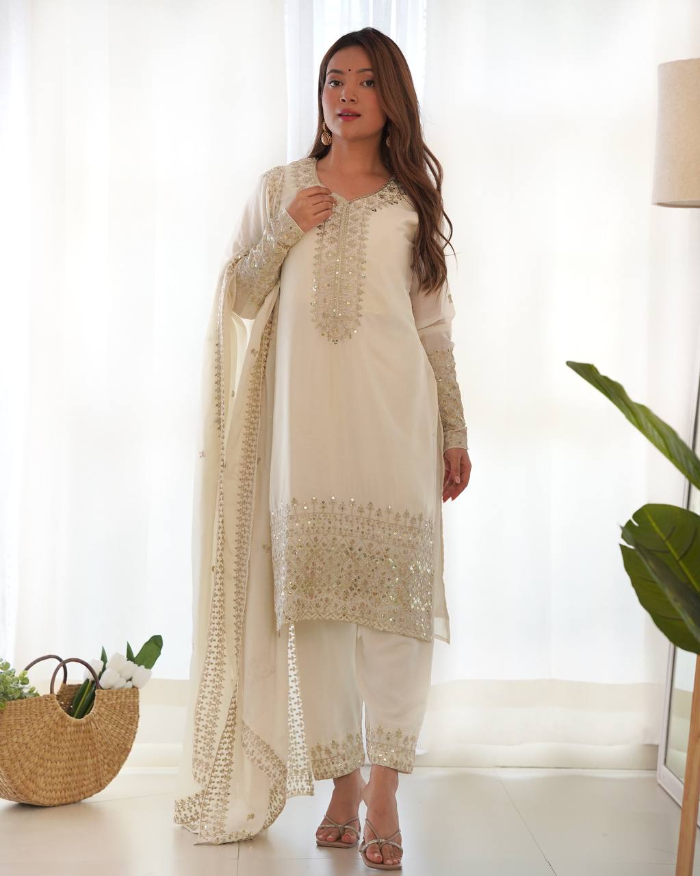Designer Chinon Silk Straight Fit Kurta with Sequin and Zari Embroidery, Dupatta & Trouser Set - Jaipuri Vastra