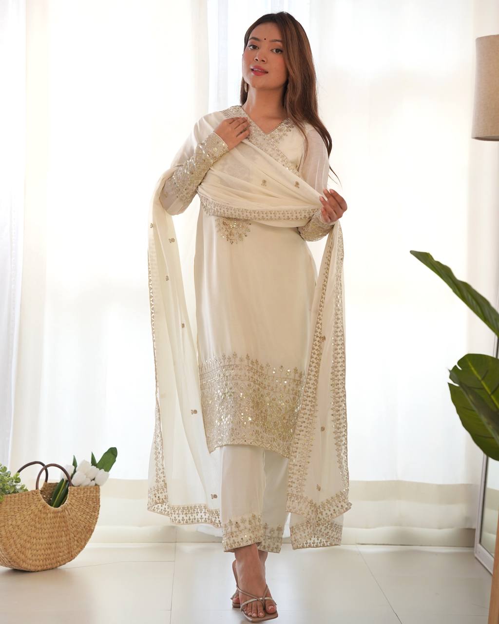 Designer Chinon Silk Straight Fit Kurta with Sequin and Zari Embroidery, Dupatta & Trouser Set - Jaipuri Vastra