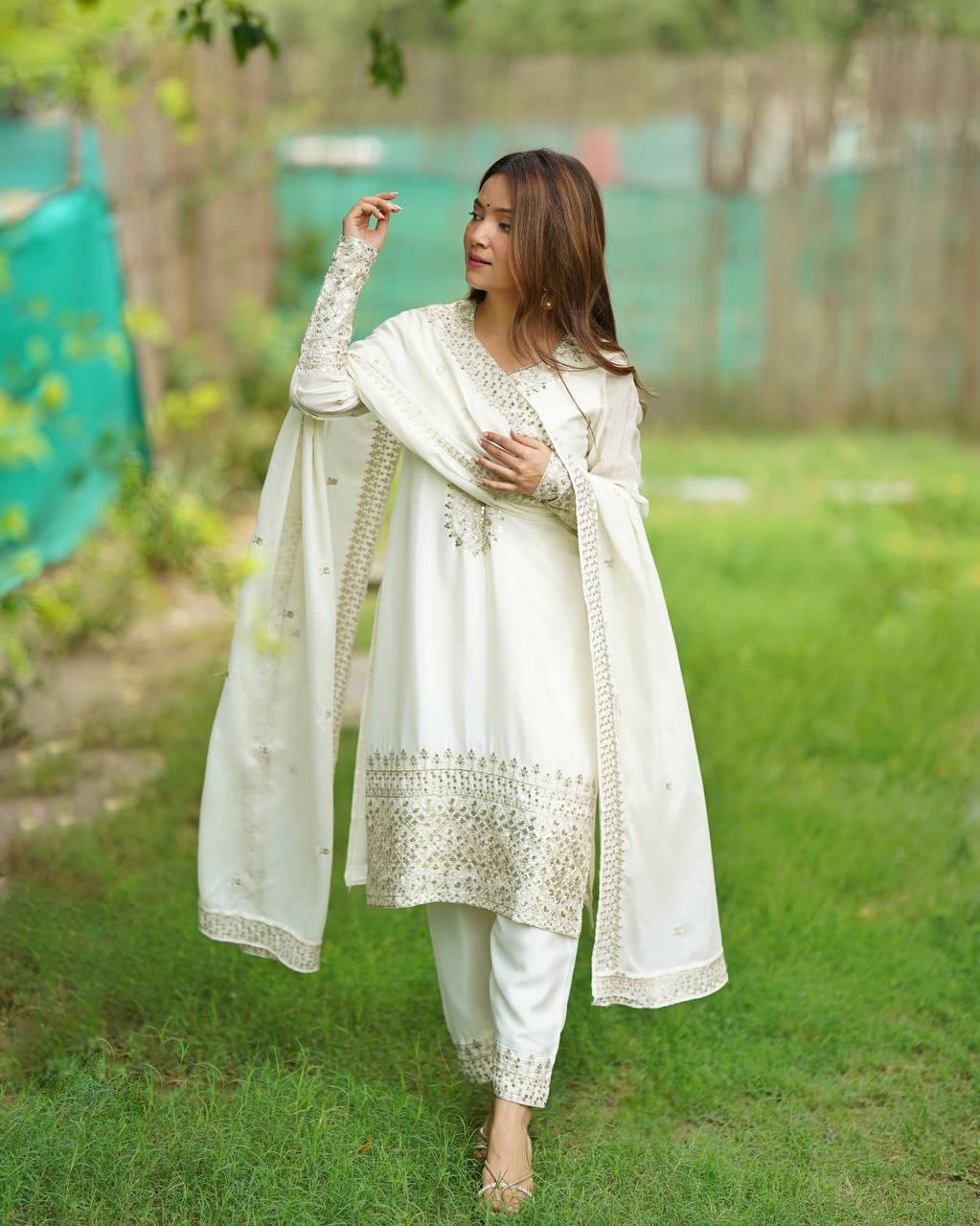 Designer Chinon Silk Straight Fit Kurta with Sequin and Zari Embroidery, Dupatta & Trouser Set - Jaipuri Vastra