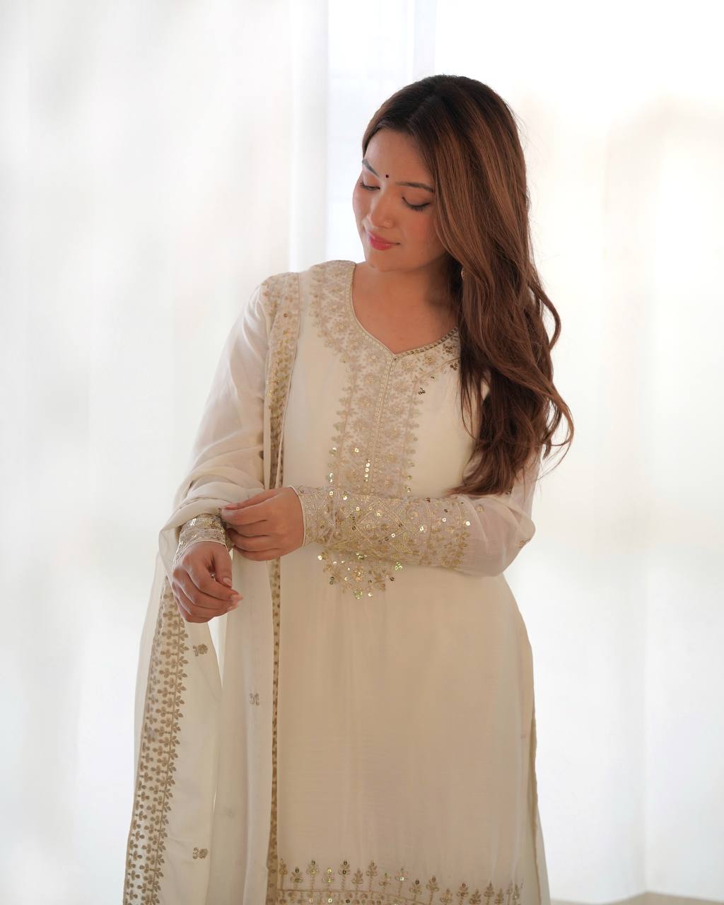 Designer Chinon Silk Straight Fit Kurta with Sequin and Zari Embroidery, Dupatta & Trouser Set - Jaipuri Vastra