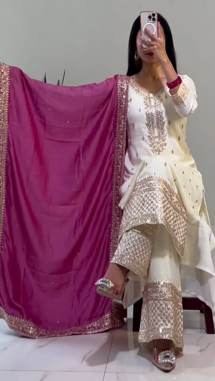Fully Stitched Festival Set in Chinnon Silk with Heavy Embroidery Sequence Work Top Bottom Dupatta - Jaipuri Vastra
