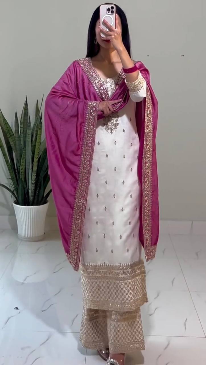 Fully Stitched Festival Set in Chinnon Silk with Heavy Embroidery Sequence Work Top Bottom Dupatta - Jaipuri Vastra