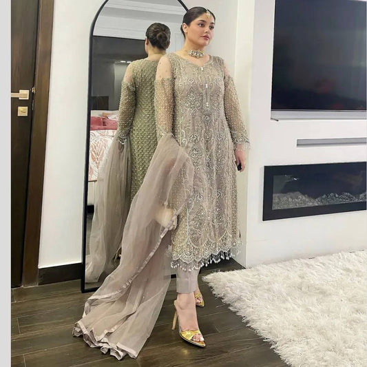 Elegant Soft Net Suit Set with Heavy Diamond Work, Sequin Embroidery, Soft Silk Pant and Dupatta - Jaipuri Vastra