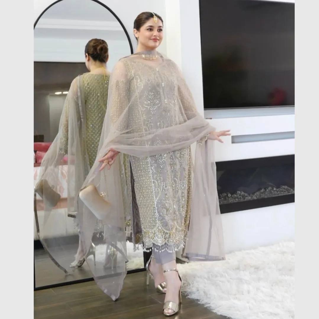 Elegant Soft Net Suit Set with Heavy Diamond Work, Sequin Embroidery, Soft Silk Pant and Dupatta - Jaipuri Vastra