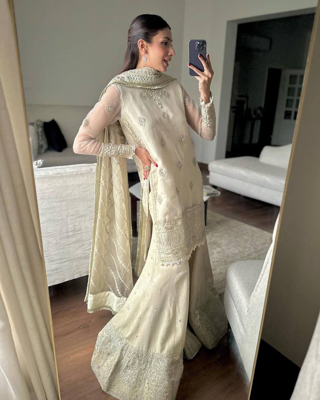 Designer Chinon Sequence Embroidered Top and Pant with Sarara Detail and Dupatta