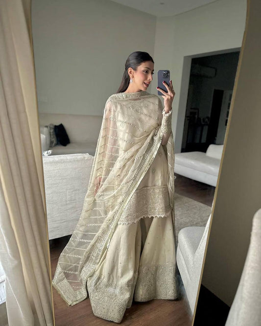 Designer Chinon Sequence Embroidered Top and Pant with Sarara Detail and Dupatta