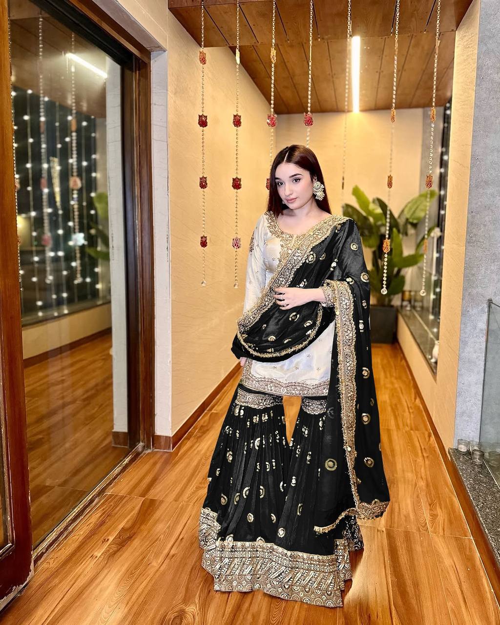 Festive Wear Heavy Chinon Suit Set with Embroidered Sharara, Top and Dupatta - Jaipuri Vastra