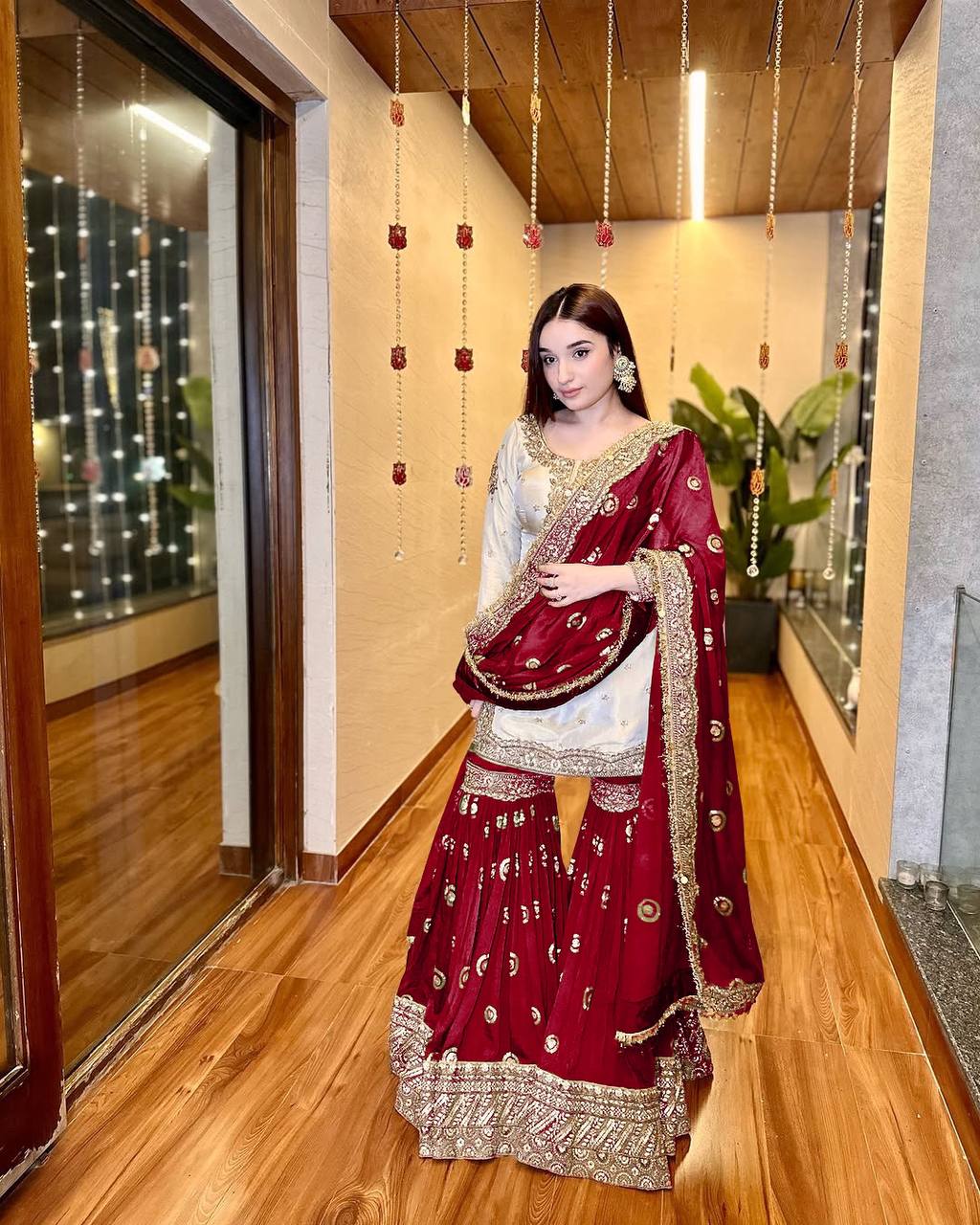 Festive Wear Heavy Chinon Suit Set with Embroidered Sharara, Top and Dupatta - Jaipuri Vastra