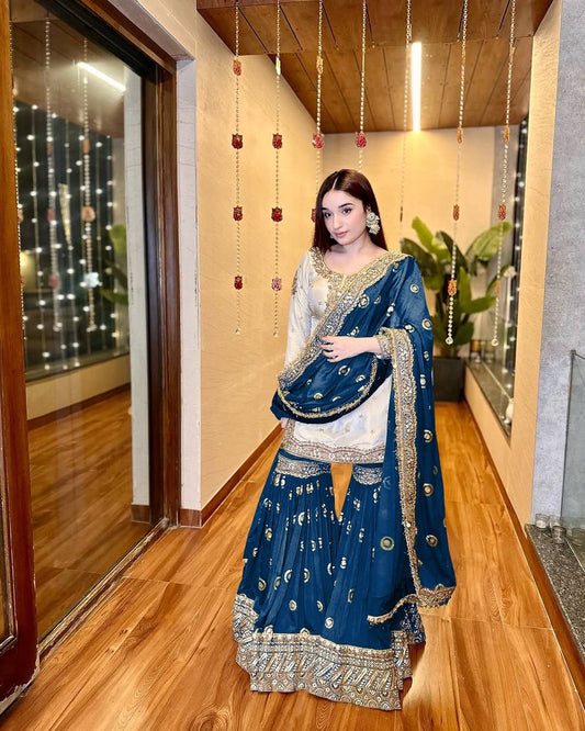 Festive Wear Heavy Chinon Suit Set with Embroidered Sharara, Top and Dupatta - Jaipuri Vastra