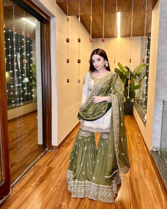 Festive Wear Heavy Chinon Suit Set with Embroidered Sharara, Top and Dupatta - Jaipuri Vastra