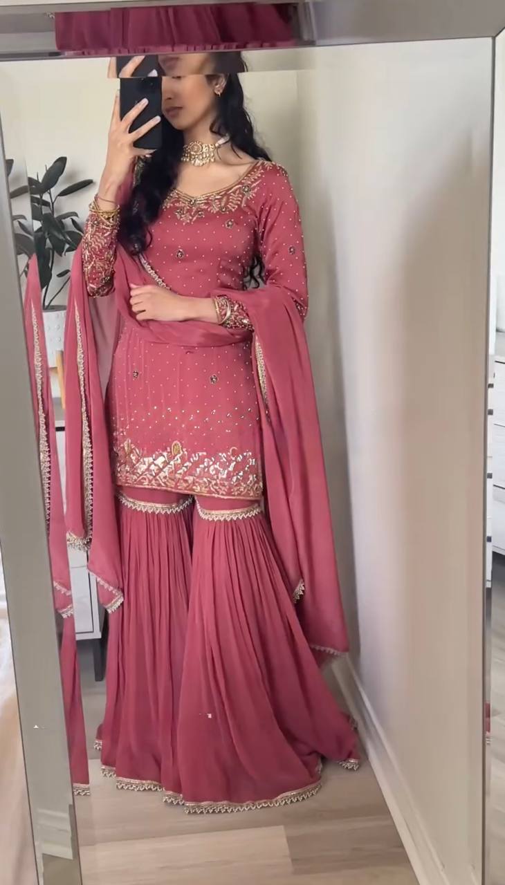 Fully Stitched Gold Crush Top Bottom Dupatta Set with Embroidery Sequence Work in Pink - Jaipuri Vastra