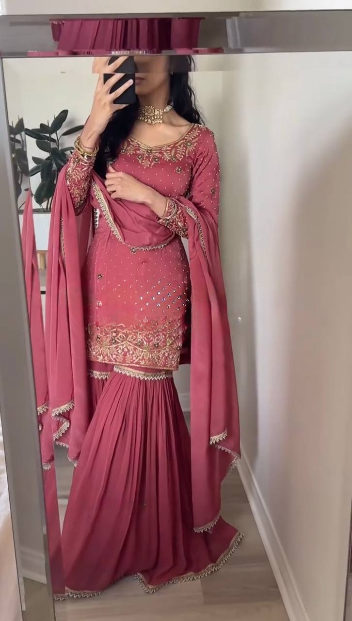 Fully Stitched Gold Crush Top Bottom Dupatta Set with Embroidery Sequence Work in Pink - Jaipuri Vastra