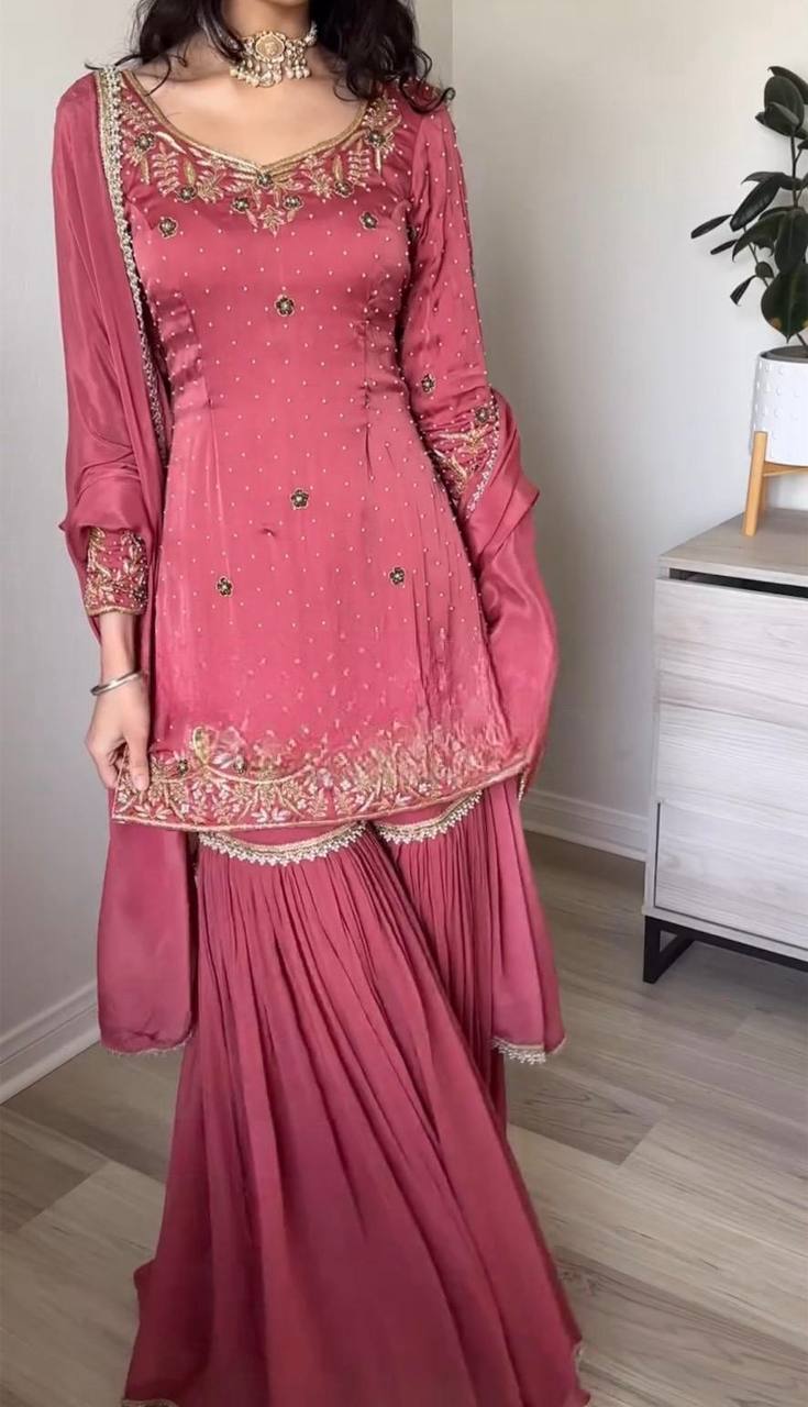 Fully Stitched Gold Crush Top Bottom Dupatta Set with Embroidery Sequence Work in Pink - Jaipuri Vastra