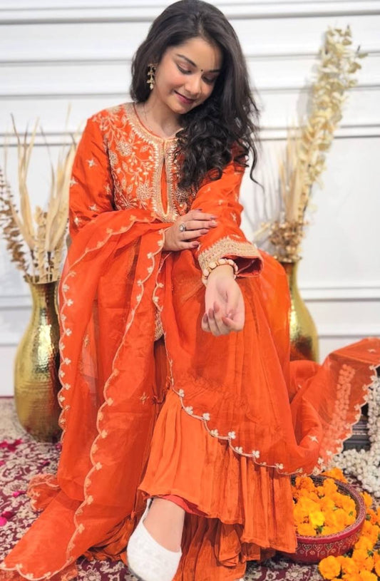Festive Designer Wear: Orange Chinon Silk Top with Sharara and Stylish Dupatta
