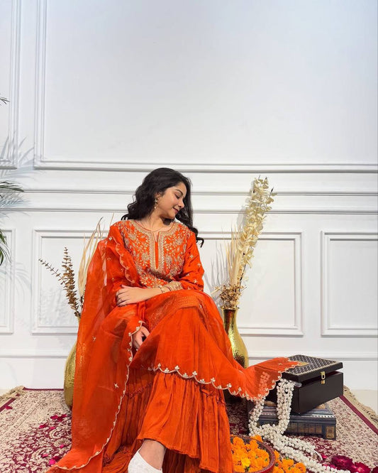 Festive Designer Wear: Orange Chinon Silk Top with Sharara and Stylish Dupatta