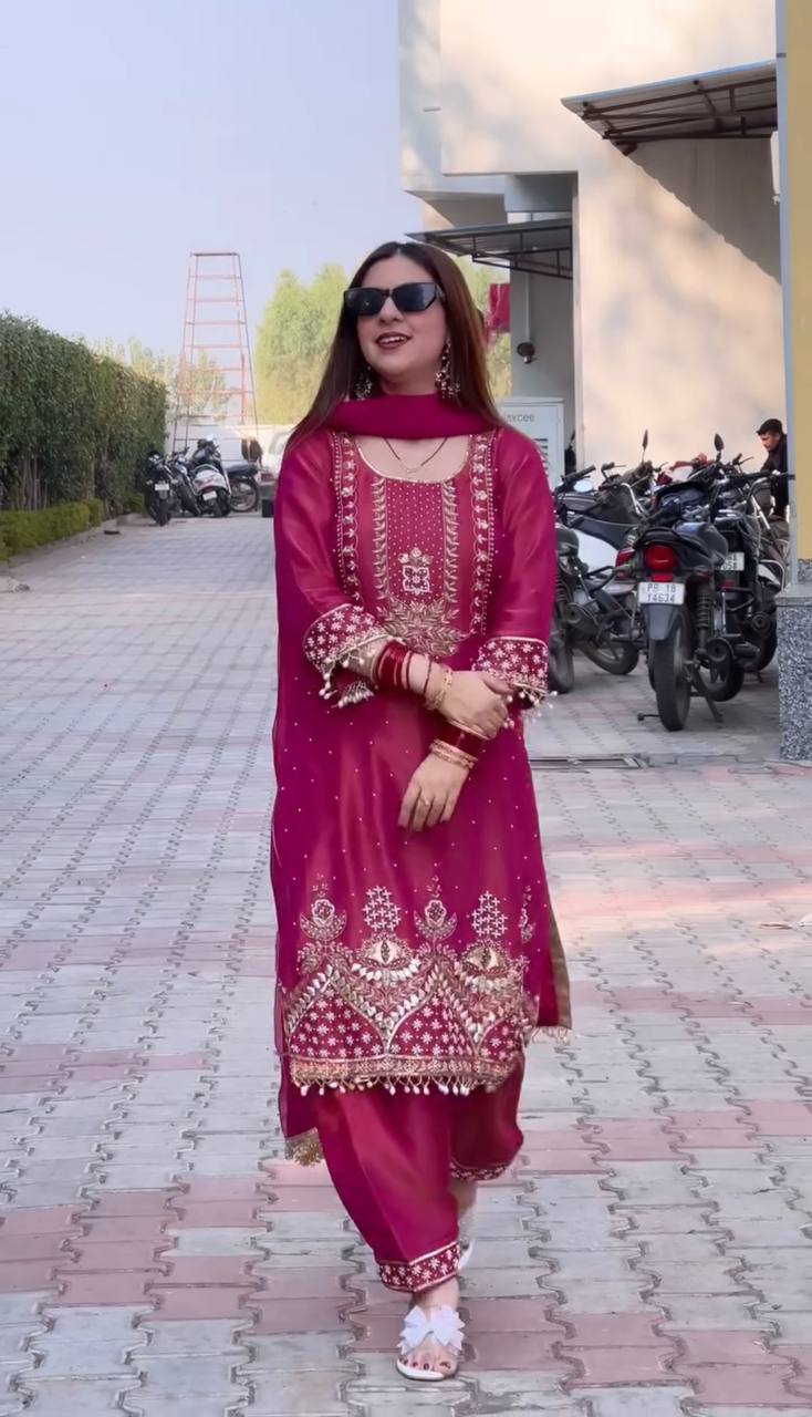 Stylish Designer Pink Suit Set Featuring Sequin and Pearl Work on Shimmer Silk Top and Palazzo with Dupatta - Jaipuri Vastra