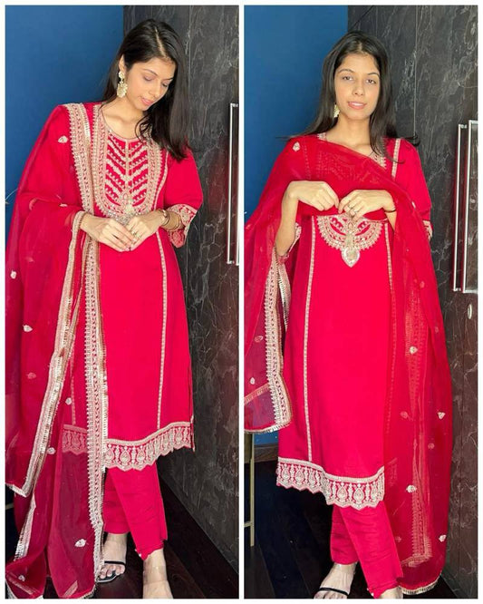 Designer Pure Chinnon Cording Sequence Embroidered Top and Pant with Dupatta