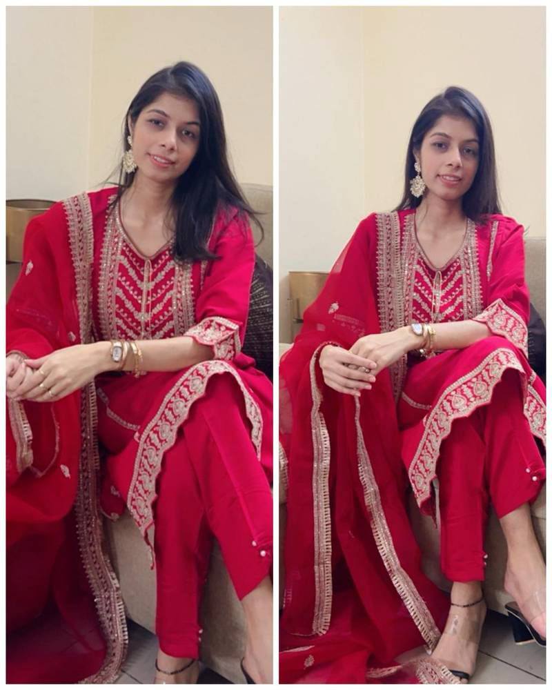 Designer Pure Chinnon Cording Sequence Embroidered Top and Pant with Dupatta