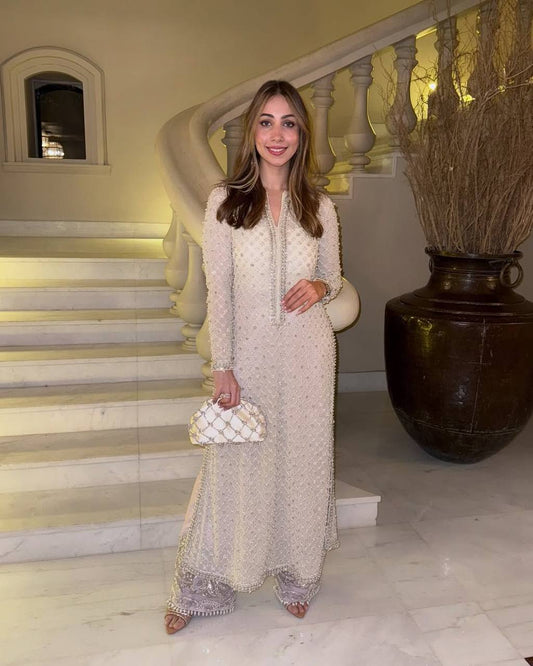 Premium Sequence Embroidered Faux Georgette Outfit with Handmade Moti Detailing