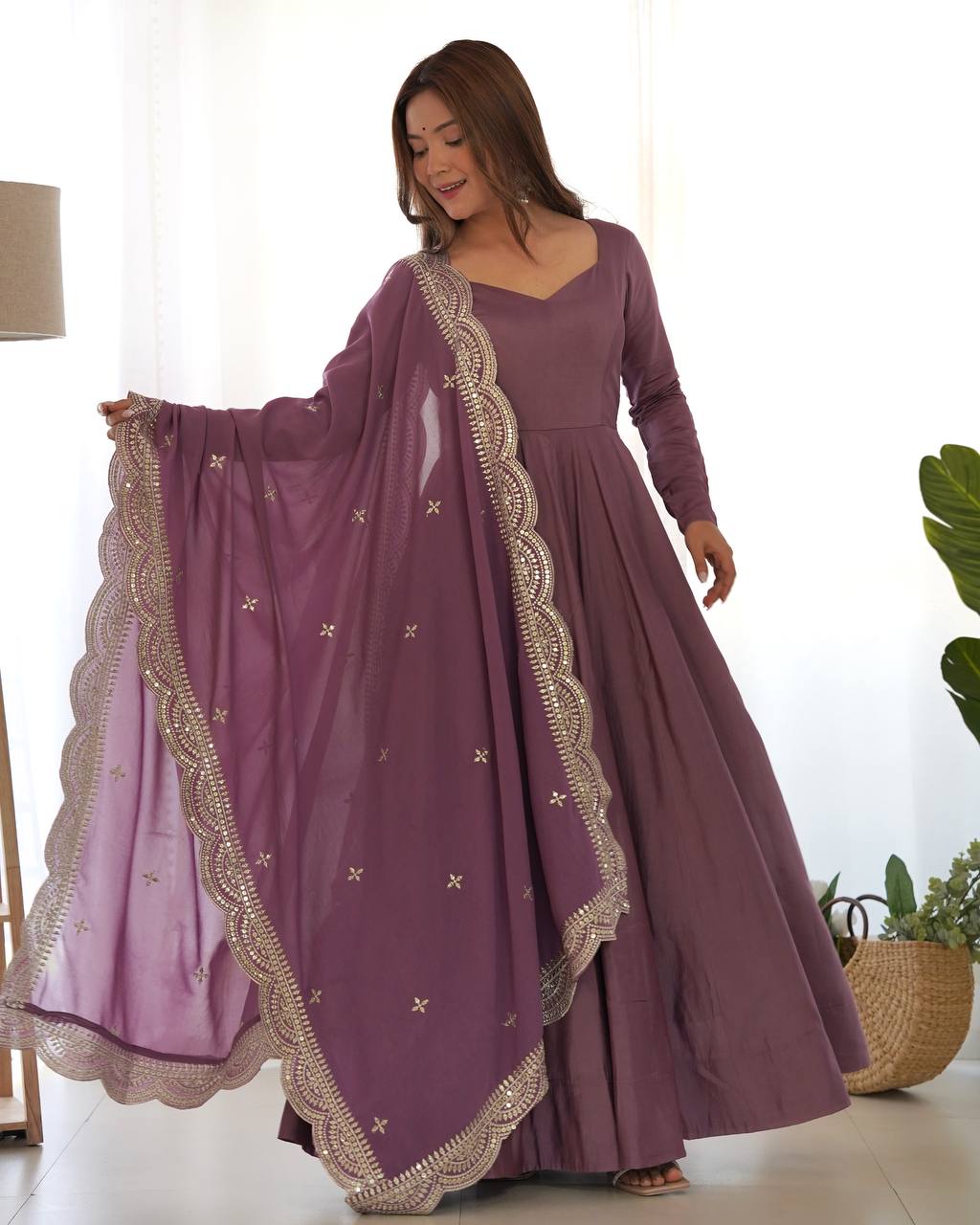 Fully Stitched Romansilk Chanderi Anarkali Outfit with Dupatta and Bottoms - Jaipuri Vastra