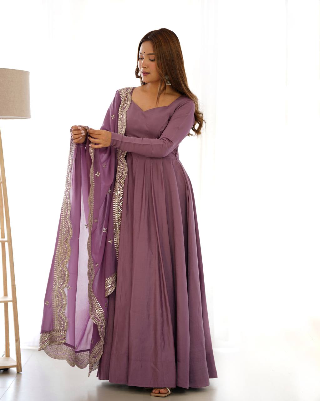 Fully Stitched Romansilk Chanderi Anarkali Outfit with Dupatta and Bottoms - Jaipuri Vastra