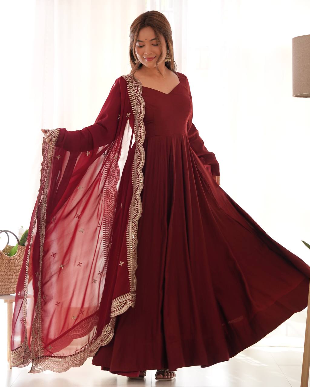 Fully Stitched Romansilk Chanderi Anarkali Outfit with Dupatta and Bottoms - Jaipuri Vastra
