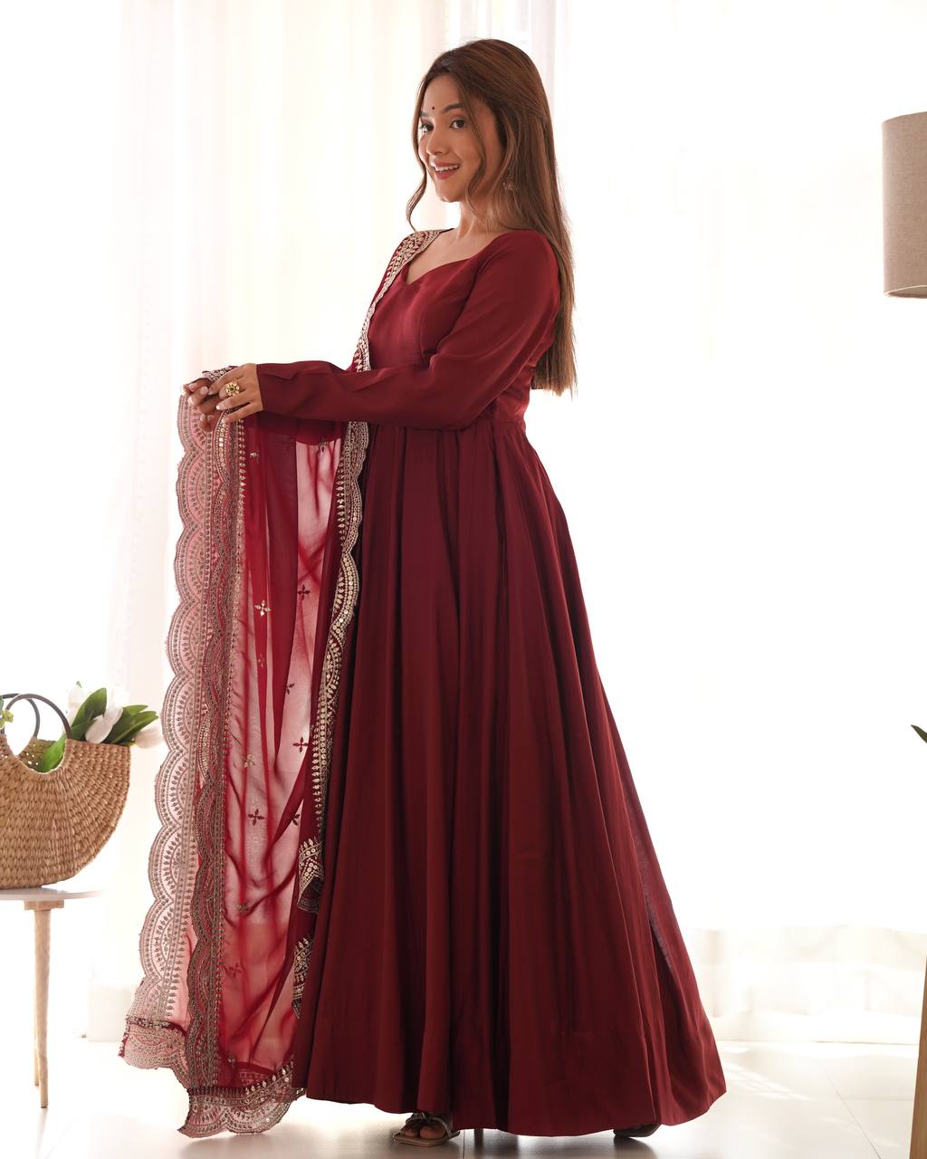 Fully Stitched Romansilk Chanderi Anarkali Outfit with Dupatta and Bottoms - Jaipuri Vastra
