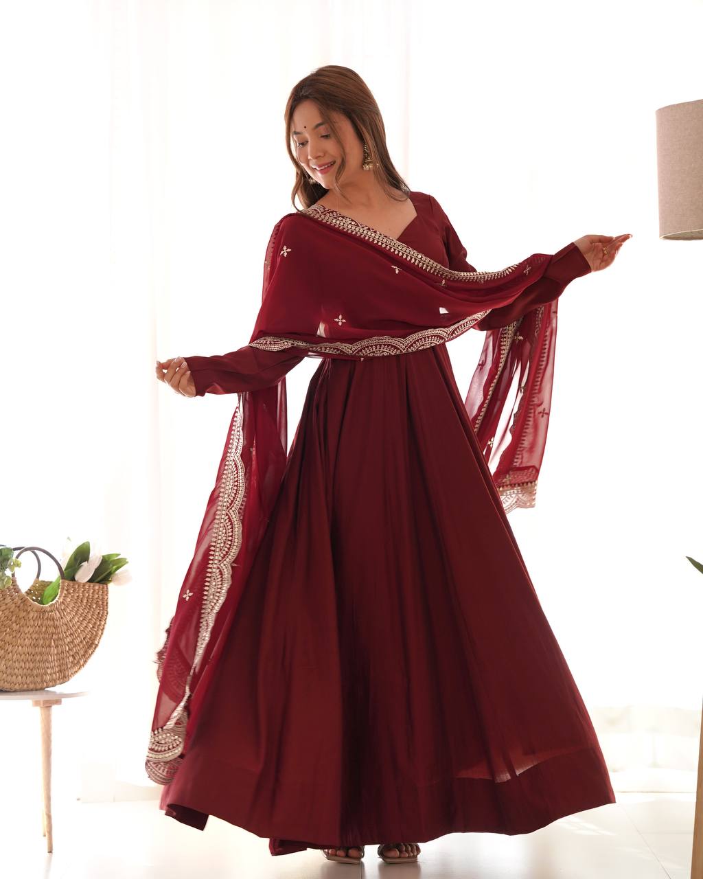 Fully Stitched Romansilk Chanderi Anarkali Outfit with Dupatta and Bottoms - Jaipuri Vastra