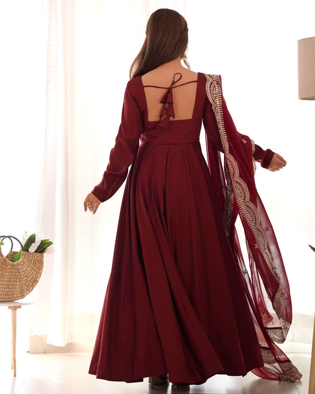 Fully Stitched Romansilk Chanderi Anarkali Outfit with Dupatta and Bottoms - Jaipuri Vastra