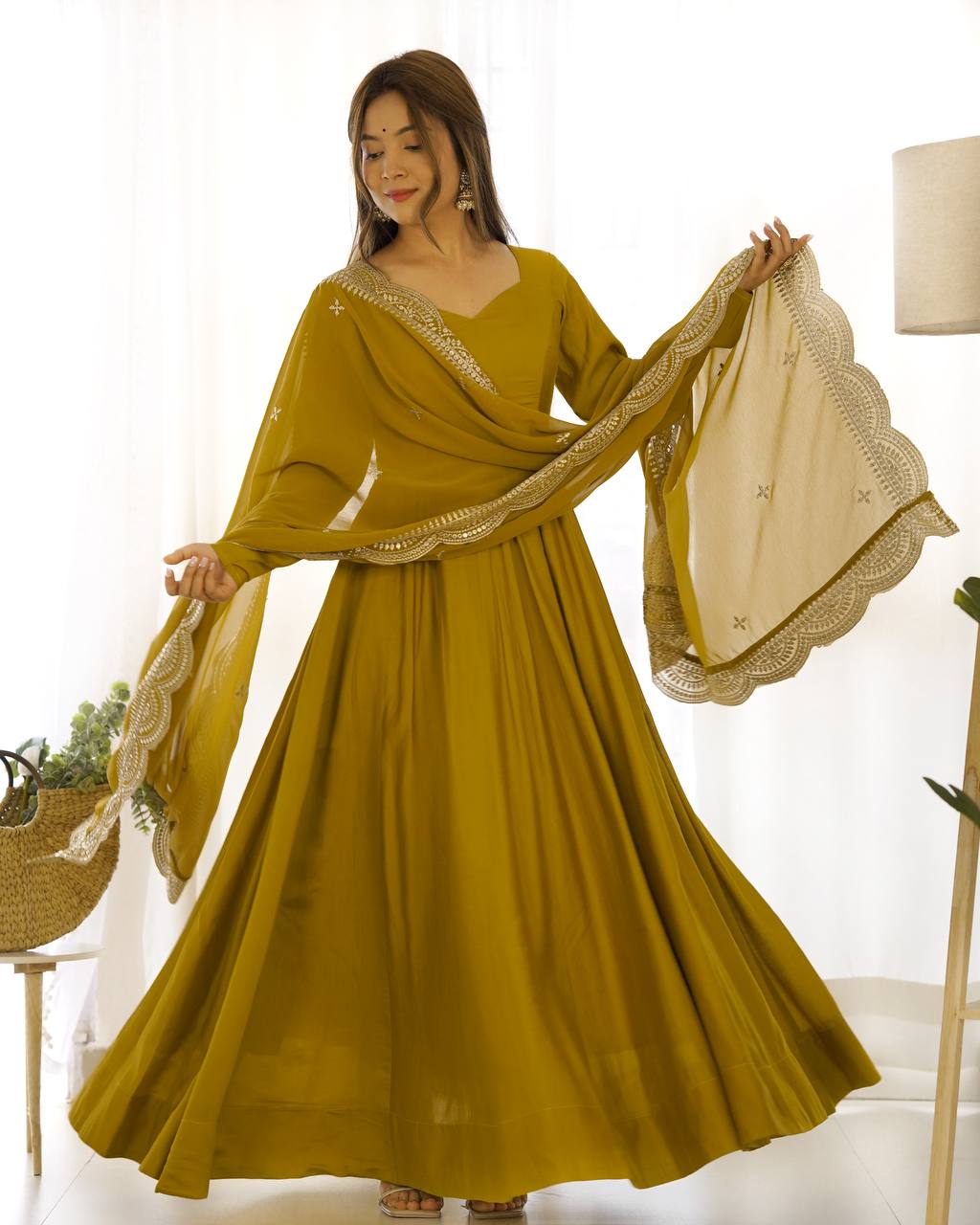 Fully Stitched Romansilk Chanderi Anarkali Outfit with Dupatta and Bottoms - Jaipuri Vastra