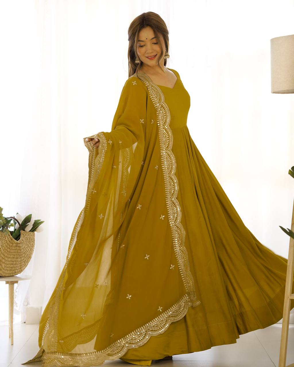 Fully Stitched Romansilk Chanderi Anarkali Outfit with Dupatta and Bottoms - Jaipuri Vastra