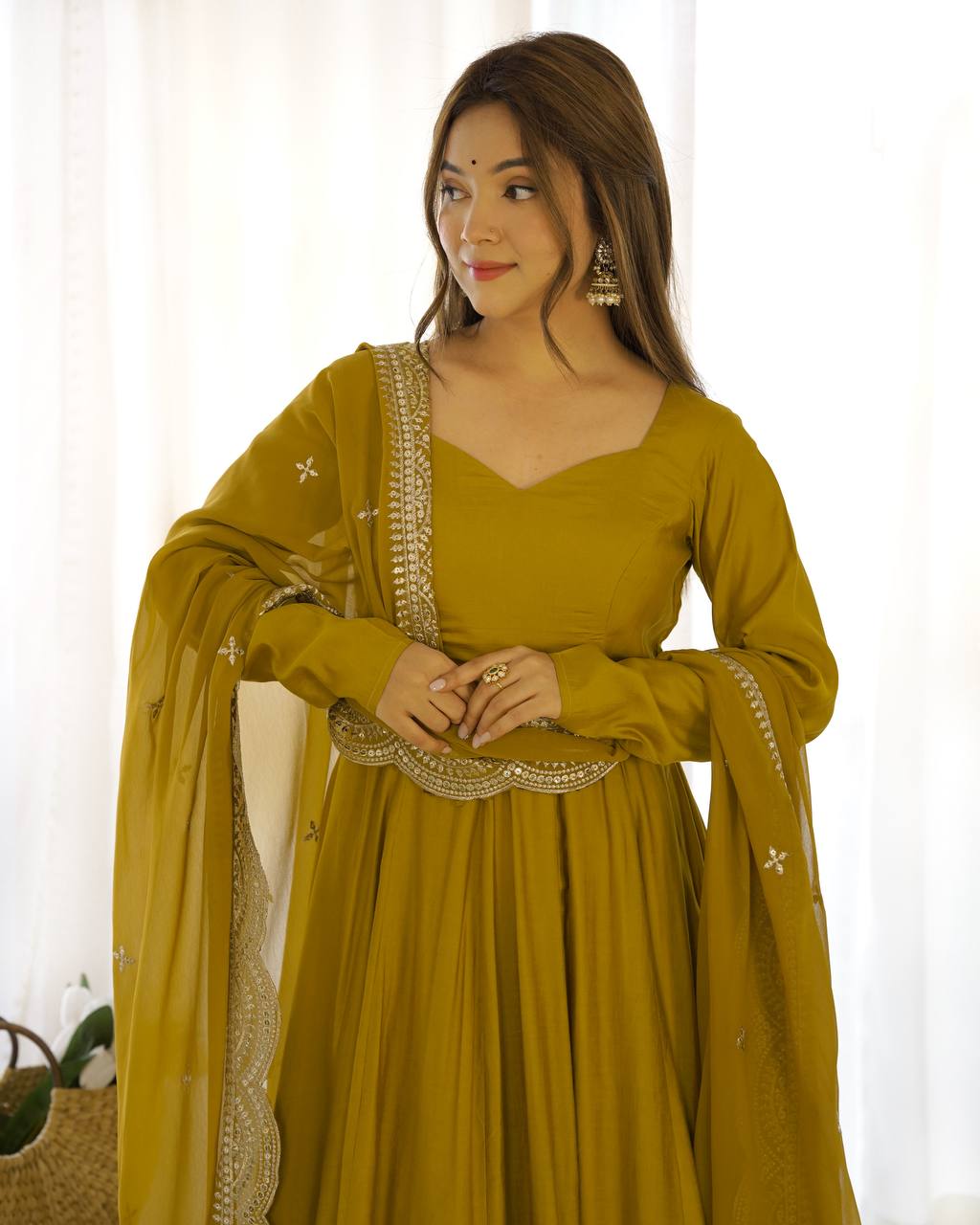 Fully Stitched Romansilk Chanderi Anarkali Outfit with Dupatta and Bottoms - Jaipuri Vastra