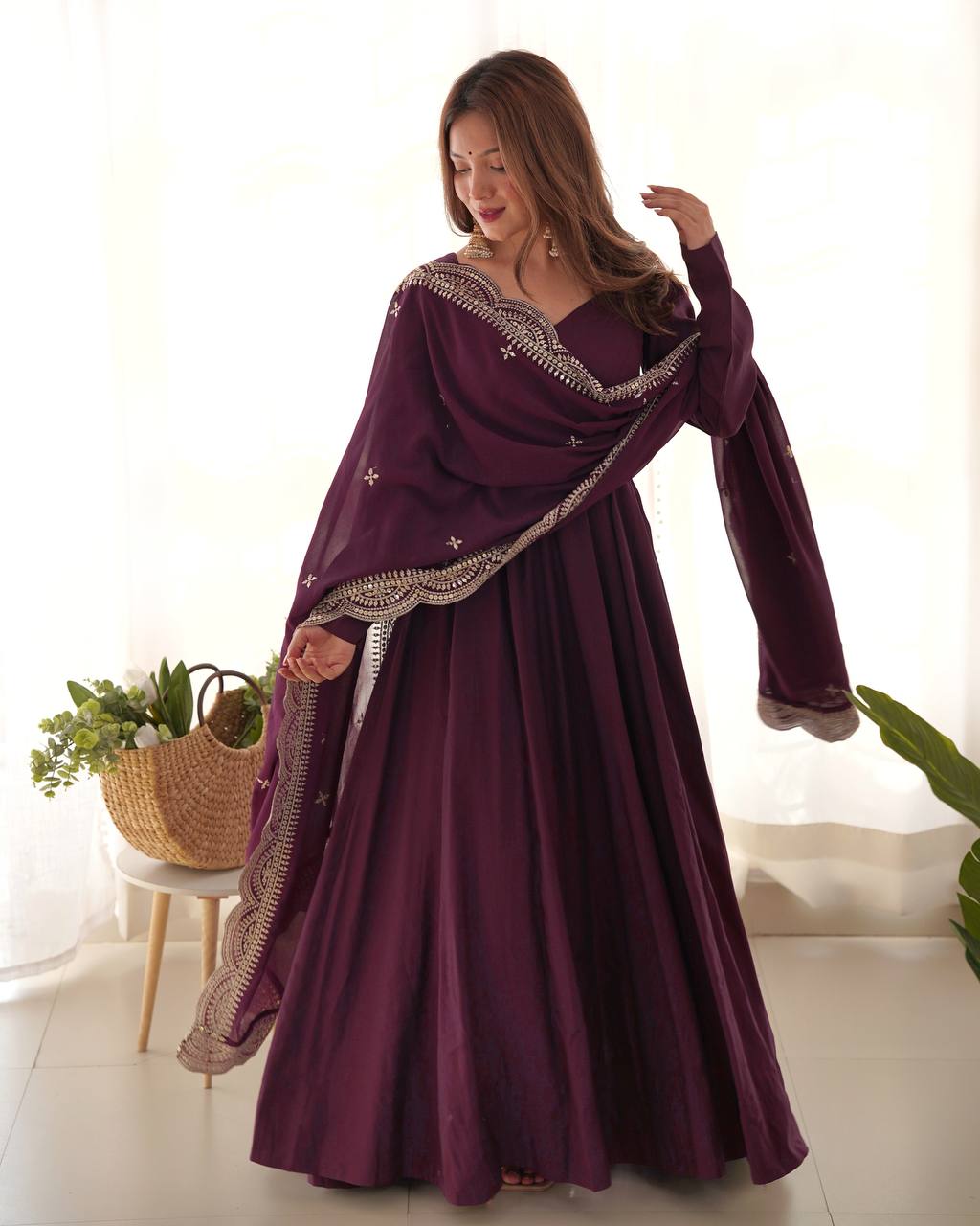 Fully Stitched Romansilk Chanderi Anarkali Outfit with Dupatta and Bottoms - Jaipuri Vastra