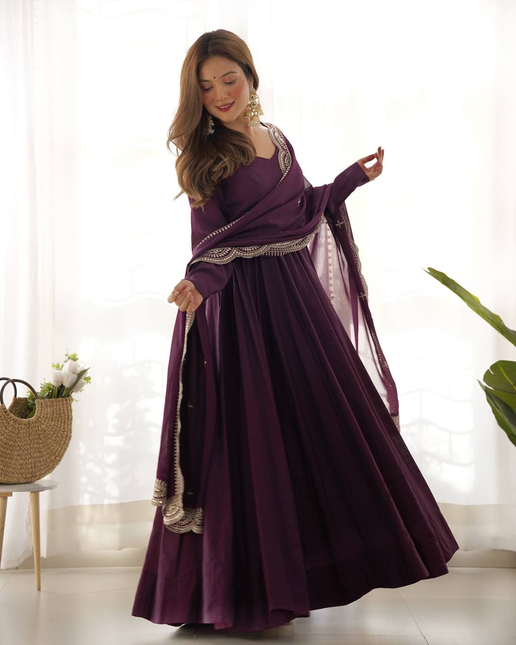 Fully Stitched Romansilk Chanderi Anarkali Outfit with Dupatta and Bottoms - Jaipuri Vastra