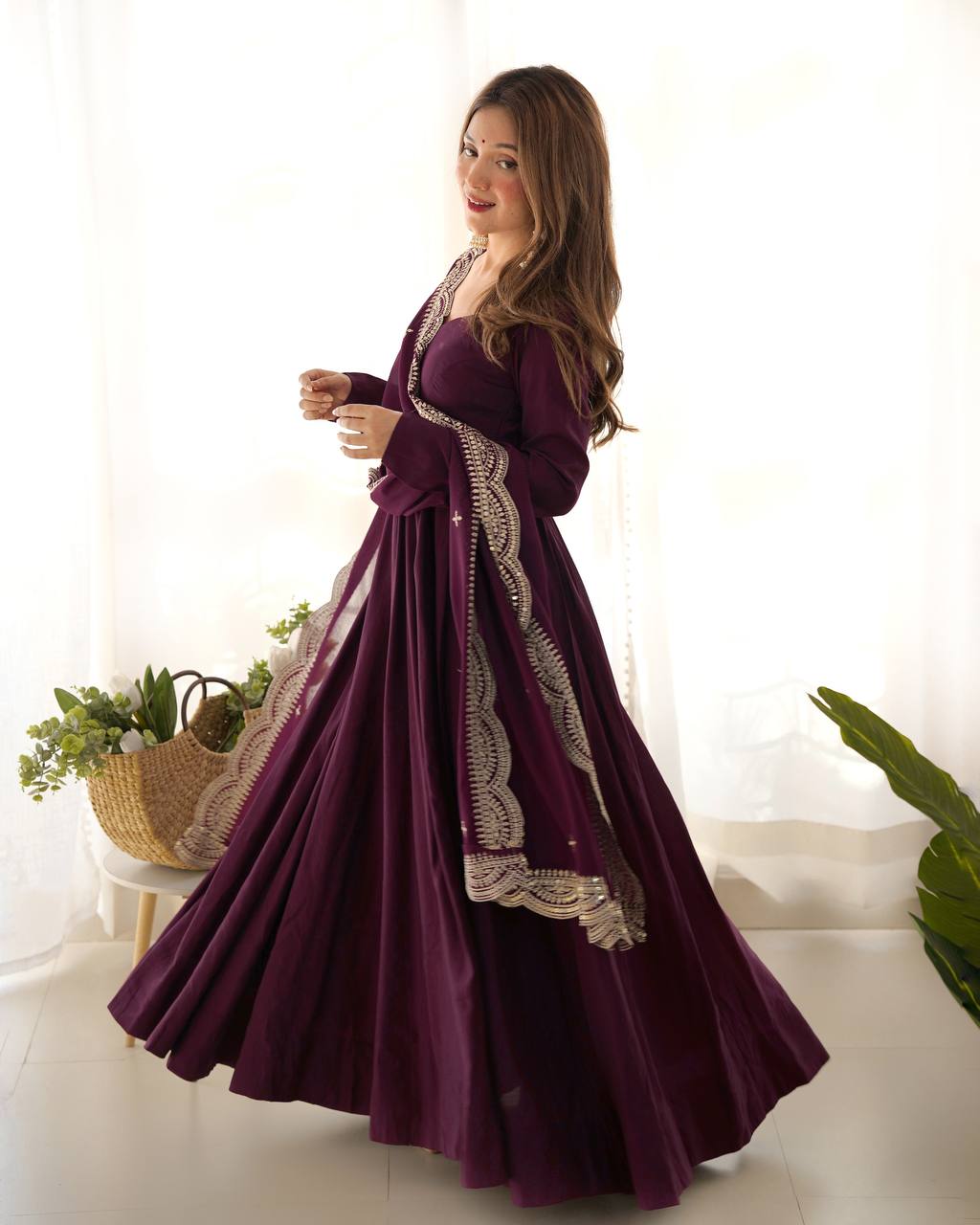 Fully Stitched Romansilk Chanderi Anarkali Outfit with Dupatta and Bottoms - Jaipuri Vastra