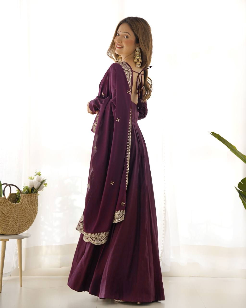 Fully Stitched Romansilk Chanderi Anarkali Outfit with Dupatta and Bottoms - Jaipuri Vastra