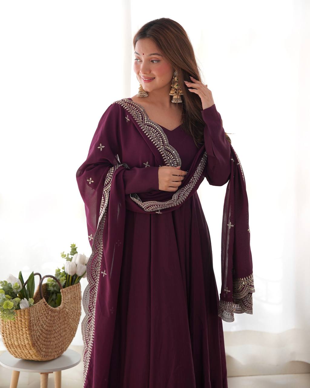 Fully Stitched Romansilk Chanderi Anarkali Outfit with Dupatta and Bottoms - Jaipuri Vastra
