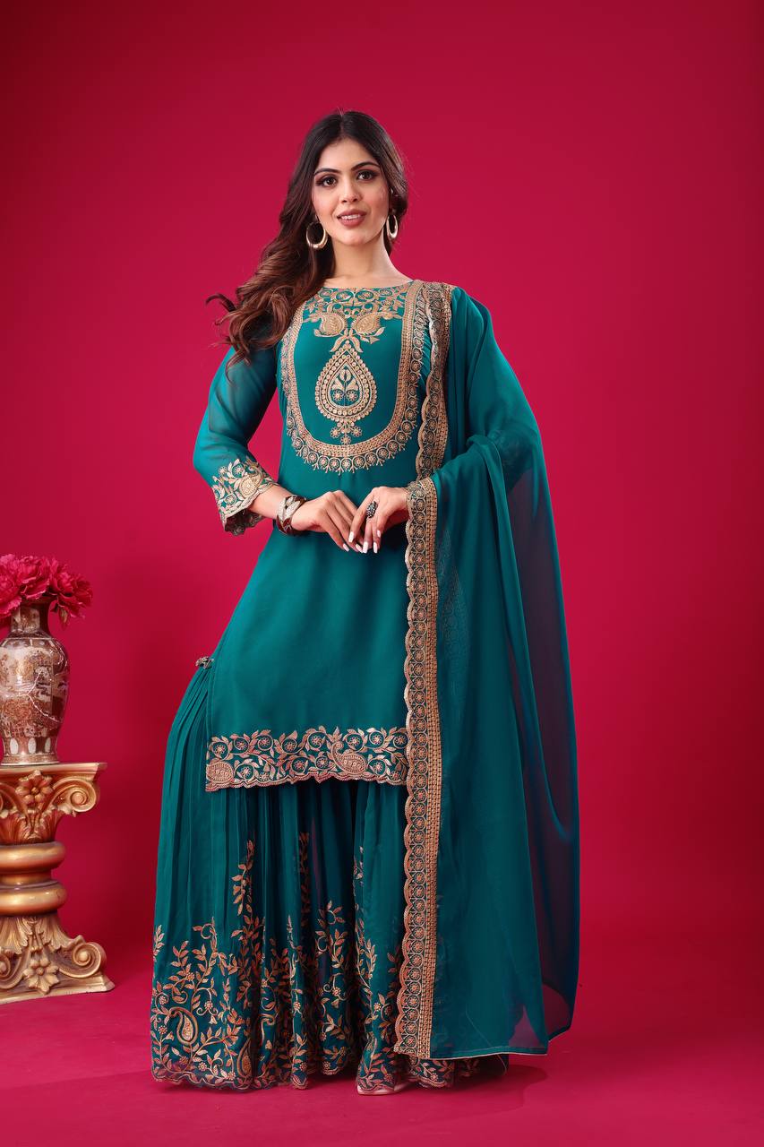 Designer Ready-to-Wear Faux Georgette Top Bottom Dupatta with Embroidery Sequence - Jaipuri Vastra