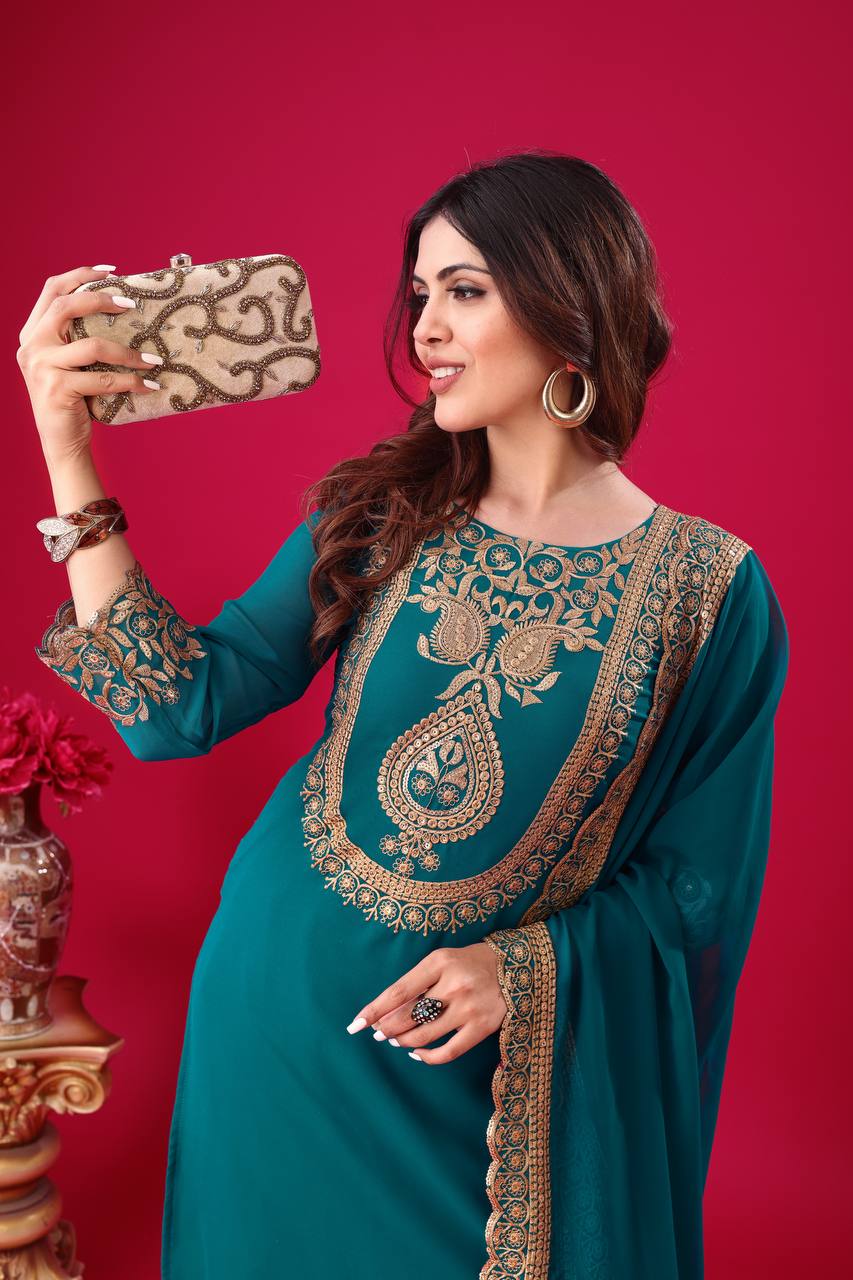 Designer Ready-to-Wear Faux Georgette Top Bottom Dupatta with Embroidery Sequence - Jaipuri Vastra