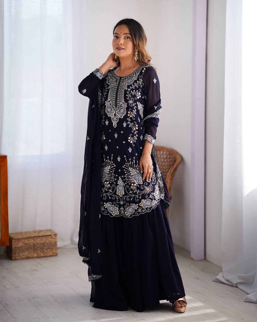 Premium Faux Georgette Sharara Set with Front and Back Work and Matching Dupatta - Jaipuri Vastra