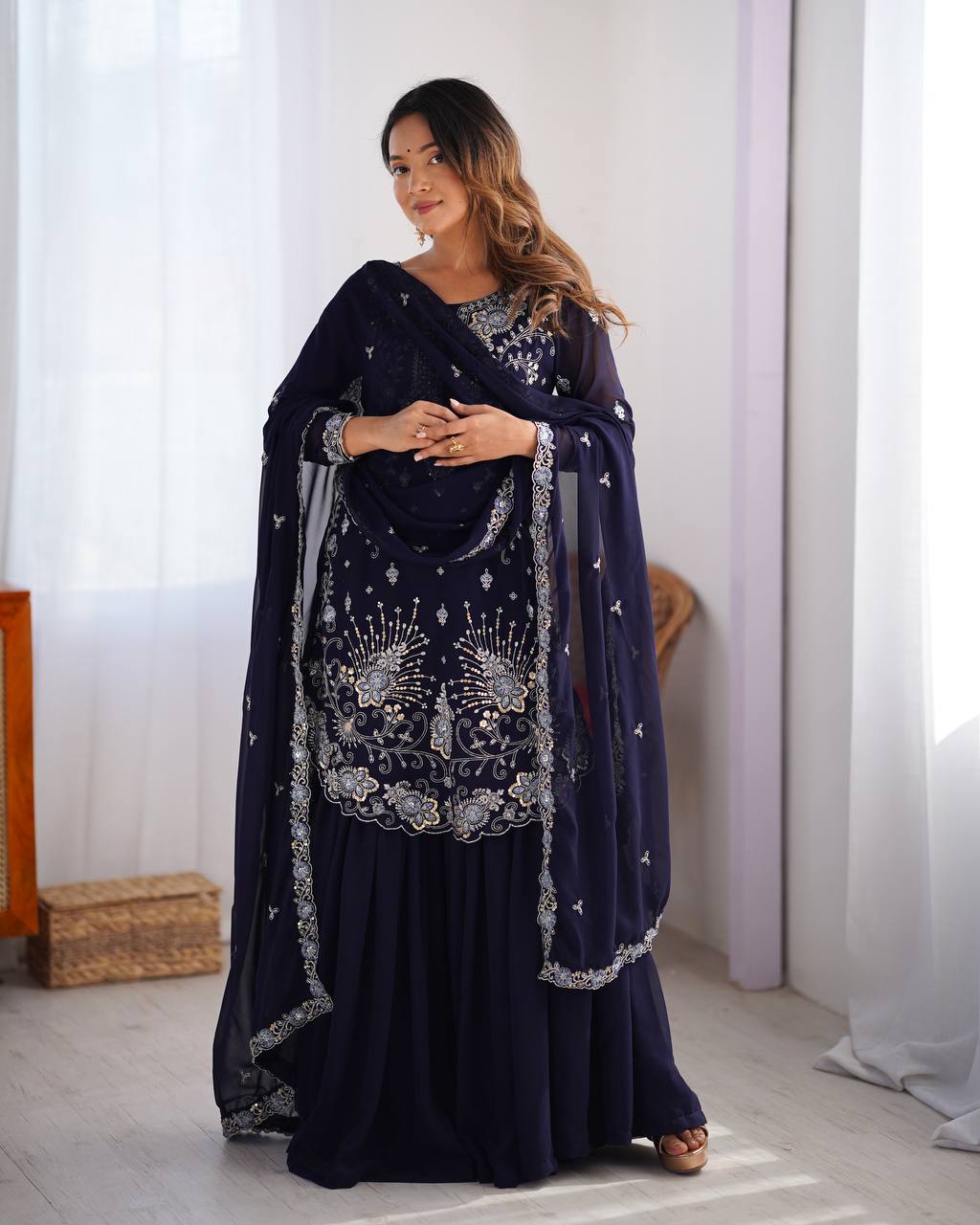 Premium Faux Georgette Sharara Set with Front and Back Work and Matching Dupatta - Jaipuri Vastra