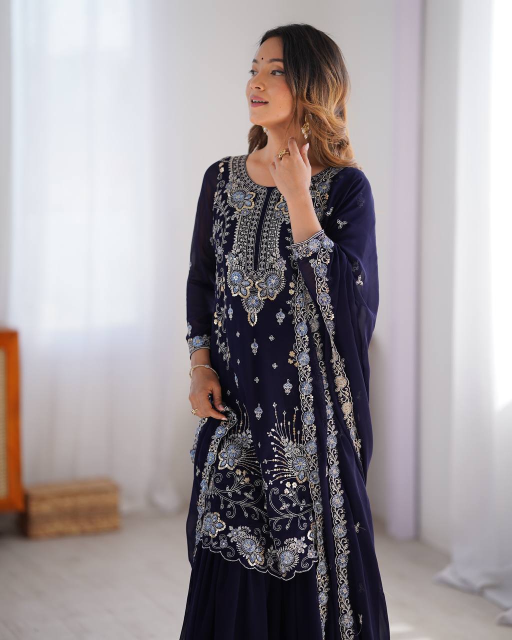 Premium Faux Georgette Sharara Set with Front and Back Work and Matching Dupatta - Jaipuri Vastra