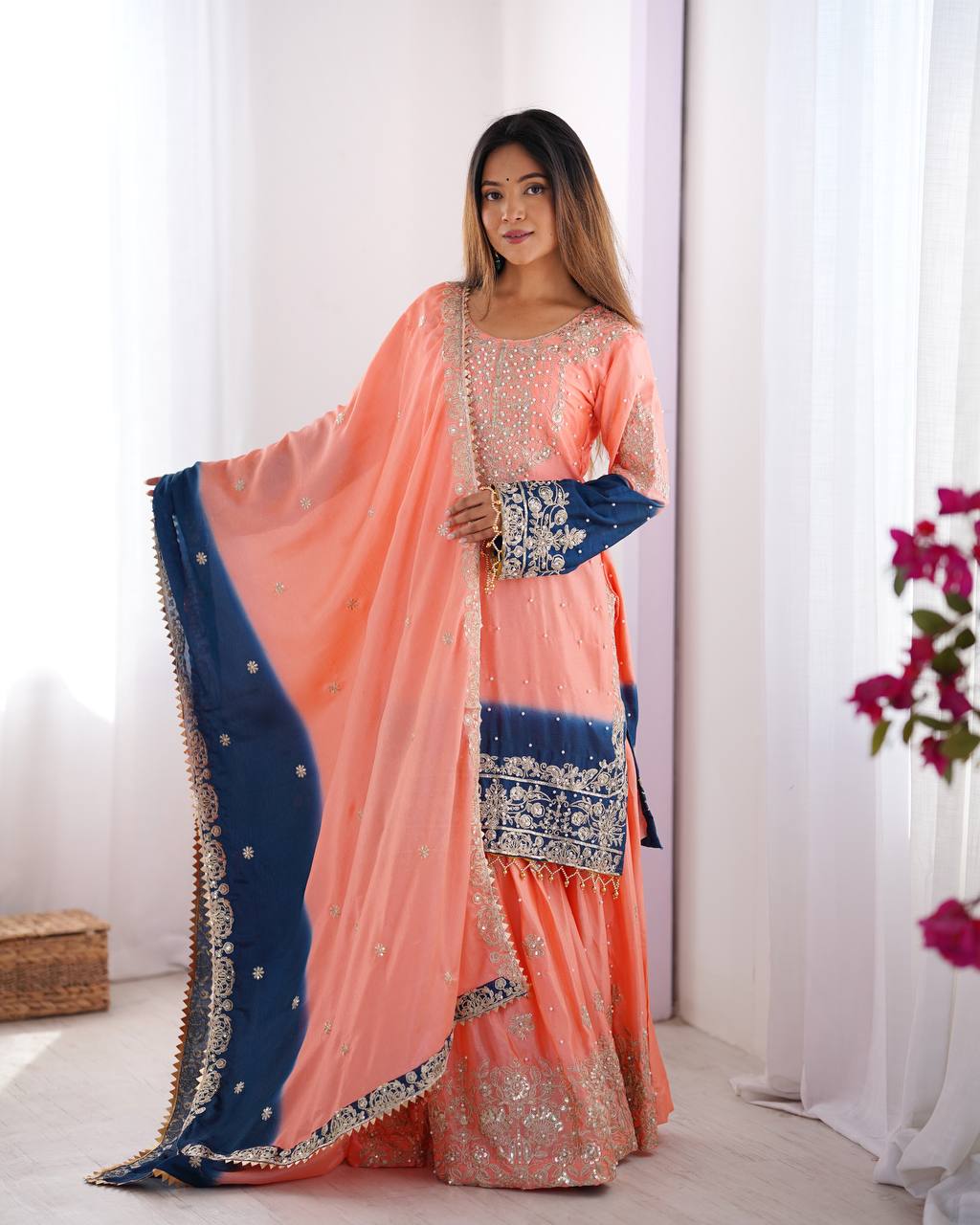 Elegant Chinon Silk Top with Coding Dori Sequin and Rivet Moti Work Plazzo Suit - Jaipuri Vastra