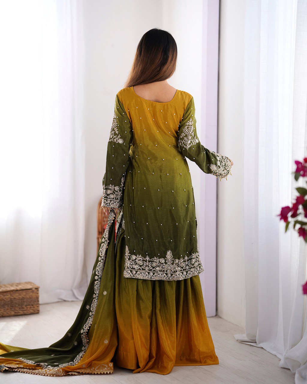 Elegant Chinon Silk Top with Coding Dori Sequin and Rivet Moti Work Plazzo Suit - Jaipuri Vastra