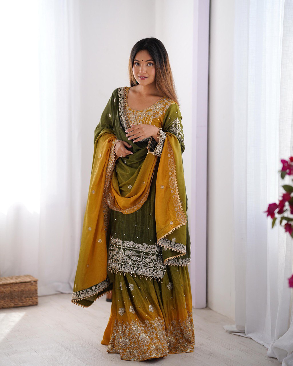 Elegant Chinon Silk Top with Coding Dori Sequin and Rivet Moti Work Plazzo Suit - Jaipuri Vastra