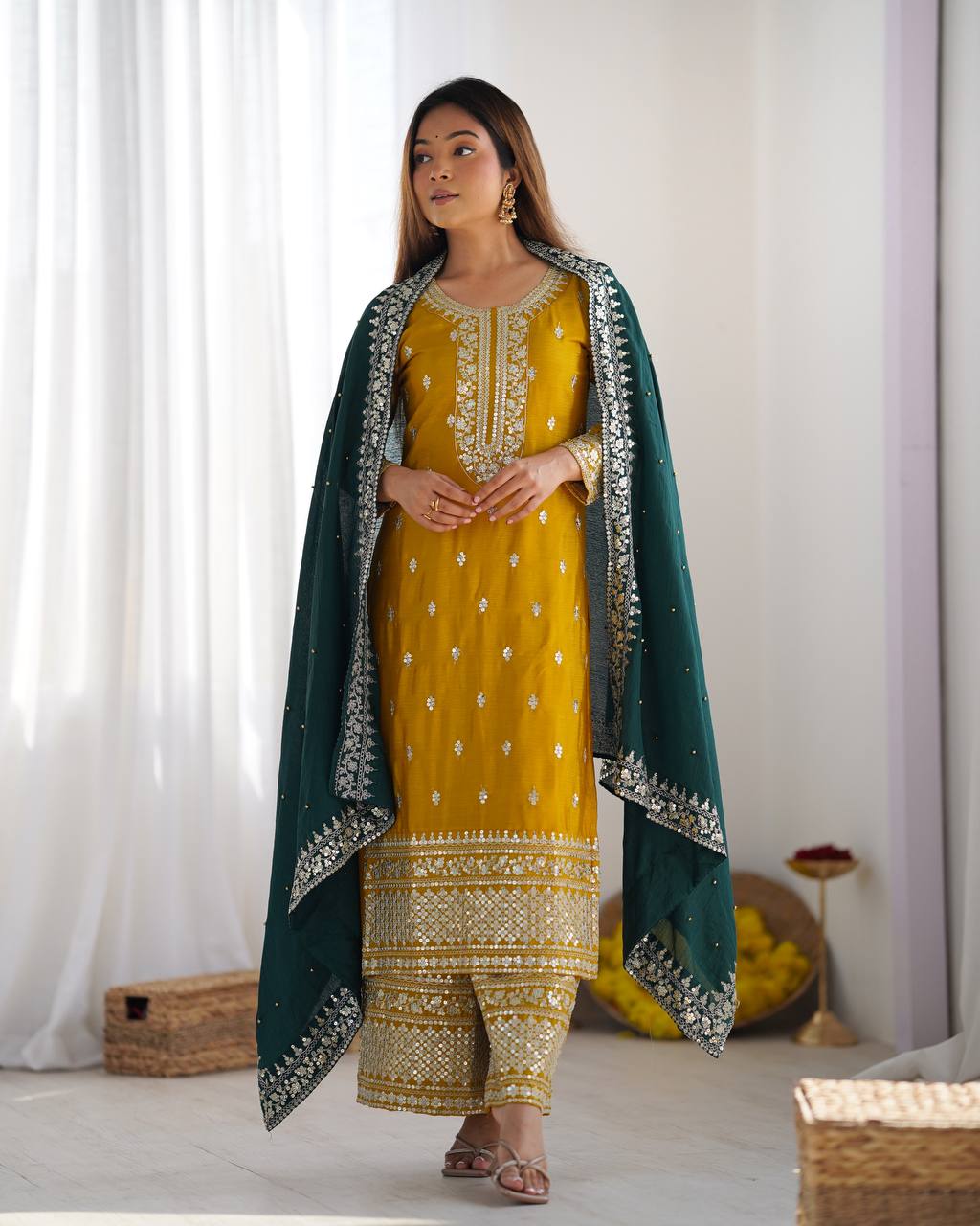 Festival Ready To Wear Chinnon Silk Top Bottom Dupatta Heavy Embroidery Sequence Work Set - Jaipuri Vastra